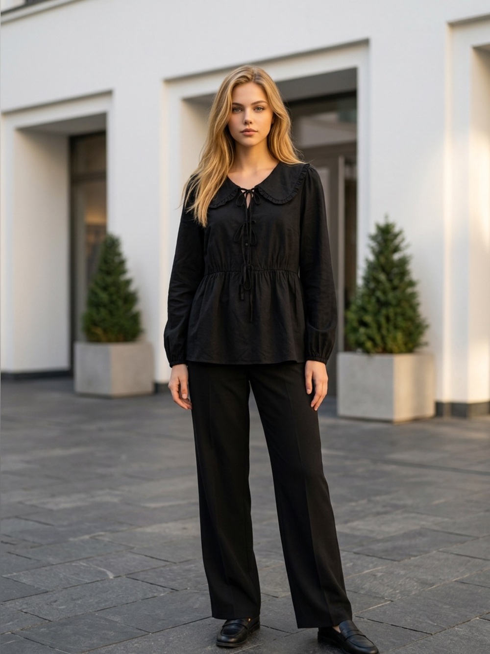 NWT Zesica Black Ruffled Tie-Front Babydoll Blouse Women’s Small
